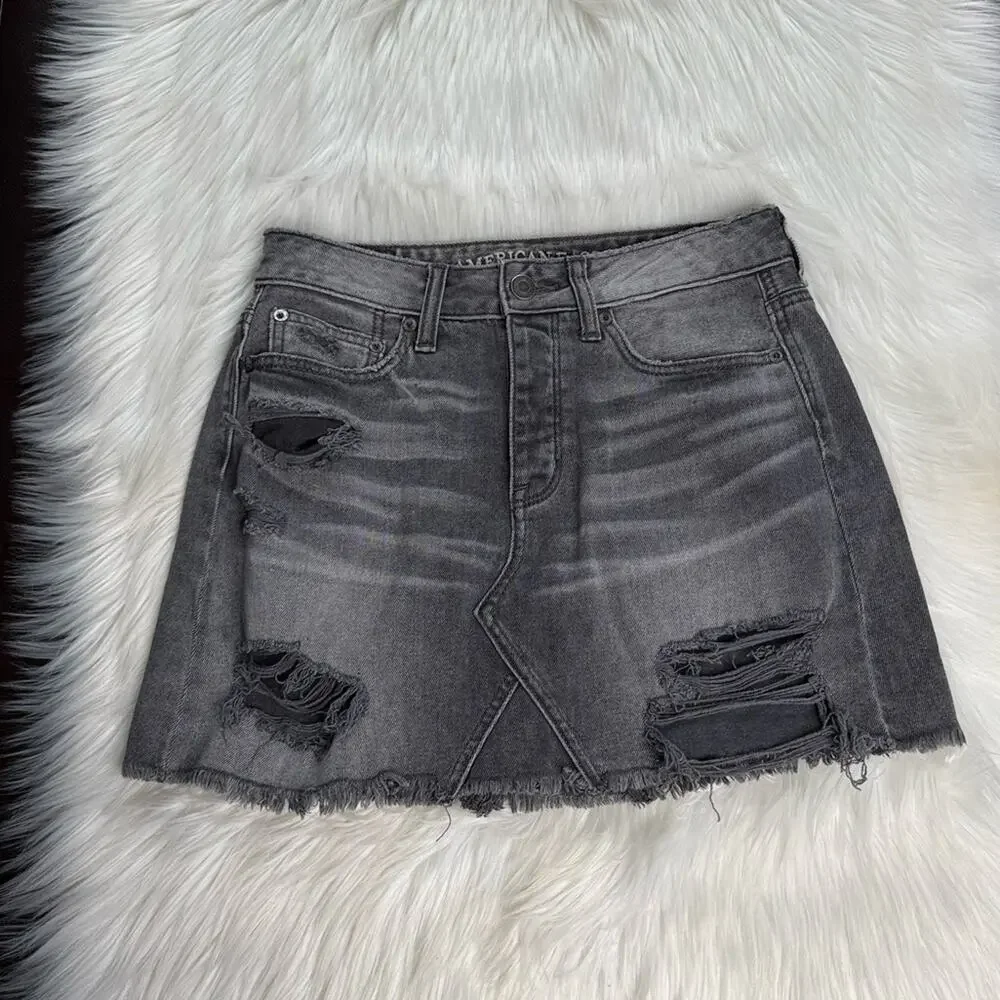 American Eagle Distressed Gray Denim Mini Skirt